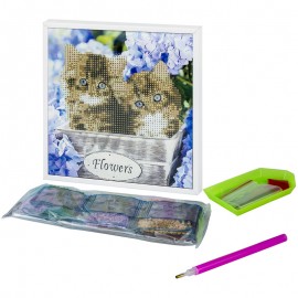 Deimantinė mozaika su mediniu rėmeliu  Kittens  20x20