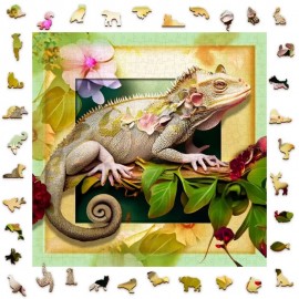 Medinė dėlionė Chameleonas tarp gėlių/505 detalės