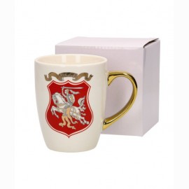 Porcelianinis puodelis Lietuva, Vytis, auksine rankena, 360 ml, supakuotas baltoje dėžutėje.