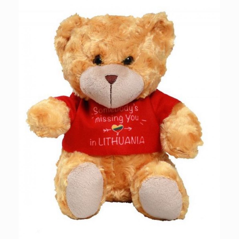 Pliušinis žaislas meškutis su marškinėliais užrašas Somebody s missing you in Lithuania, 20cm