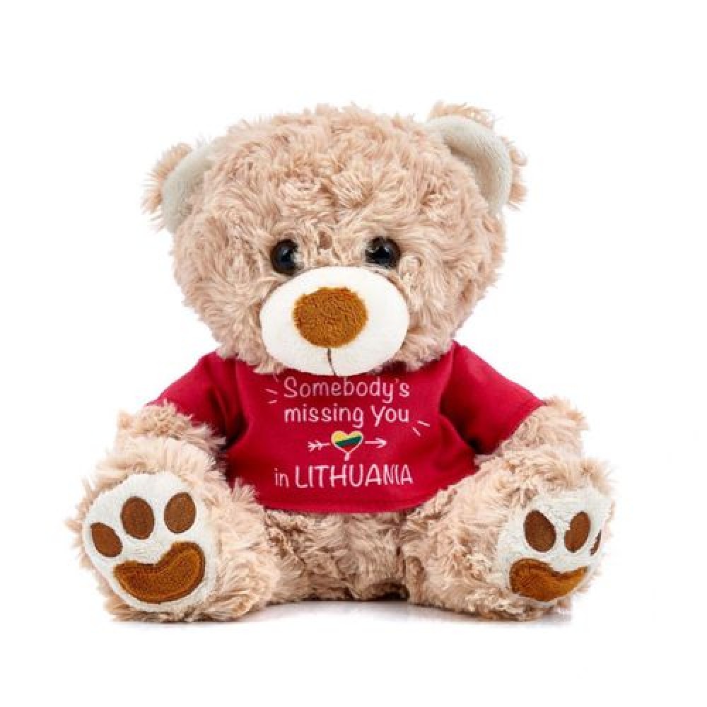 Pliušinis žaislas meškutis su marškinėliais užrašas Somebody s missing you in Lithuania, 20cm