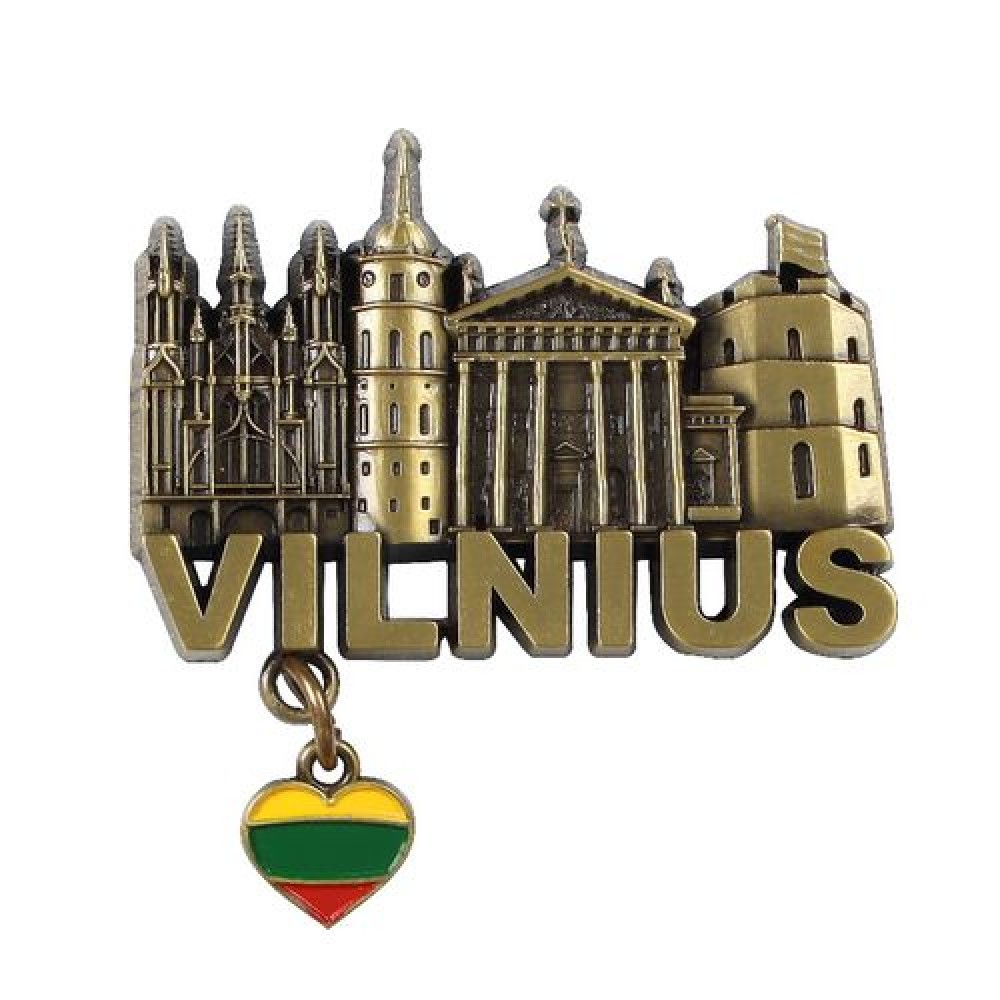 Magnetas Vilnius su kabančia širdute, 56x57mm, žalvario sp.