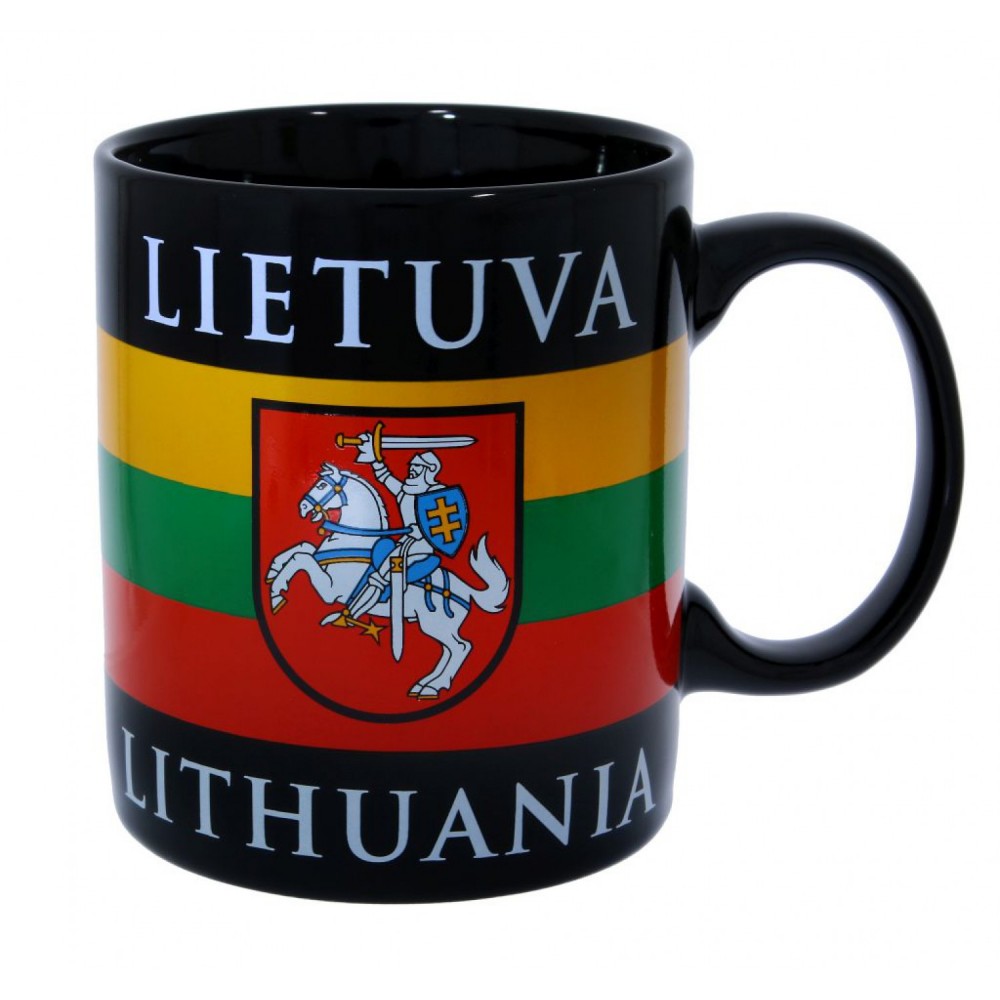 Juodas porcelianinis puodelis Lietuva- Lithuania, vėliava ir Vytis, 340 ml. Su dėžute