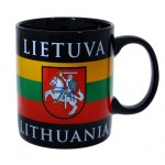 Juodas porcelianinis puodelis Lietuva- Lithuania, vėliava ir Vytis, 340 ml. Su dėžute