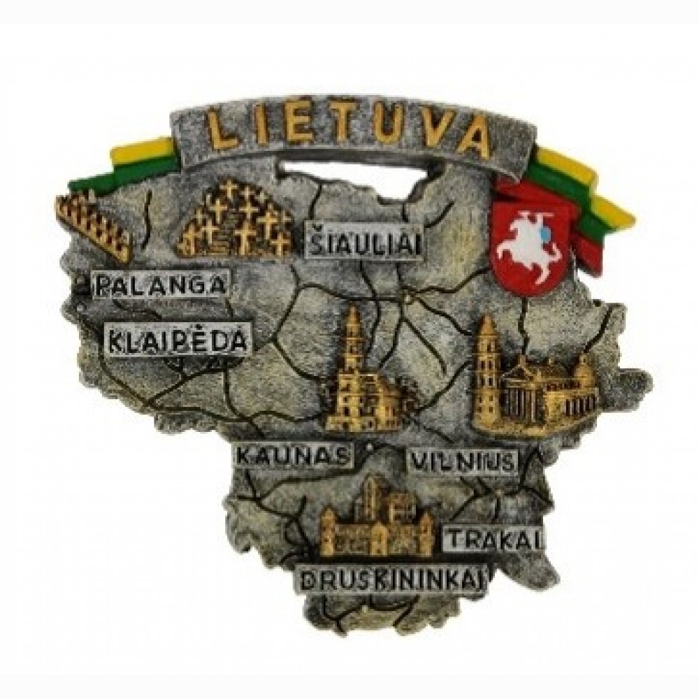 Magnetas Lietuvos žemėlapis ir miestai, 75 x 65 mm, pagamintas iš polirezino