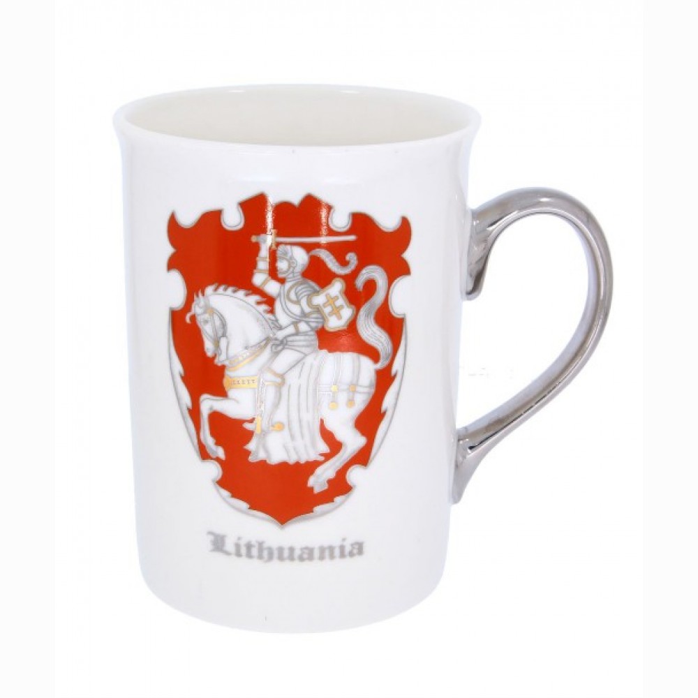 Porcelianinis puodelis Lietuva, Vytis, sidabrine rankena, 300 ml, supakuotas baltoje dėžutėje.