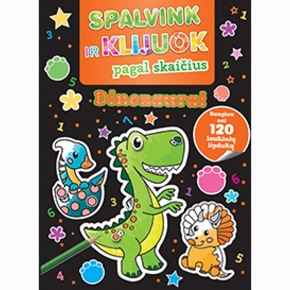 Spalvink ir klijuok pagal skaičius. Dinozaurai