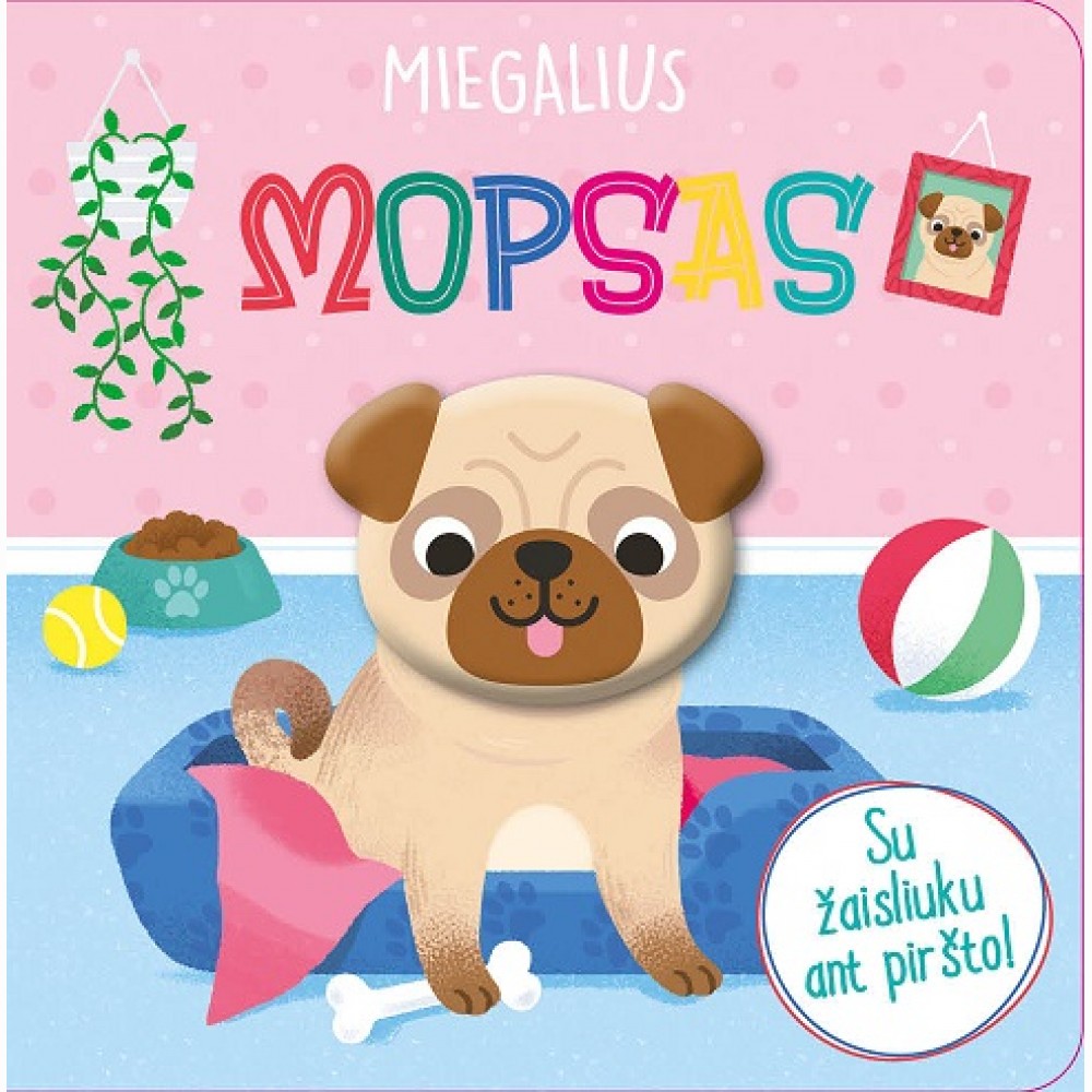 Miegalius Mopsas. Su žaisliuku ant piršto!