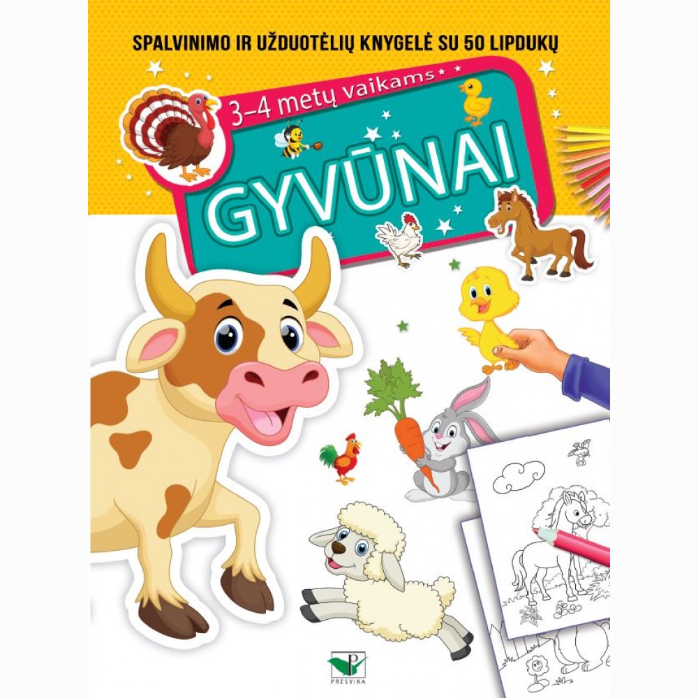 GYVŪNAI. Spalvinimo ir užduotėlių knygelė su 50 lipdukų 3-4 metų vaikams