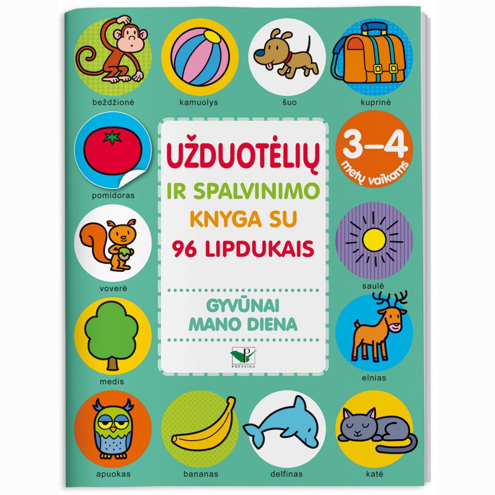Užduotėlių ir spalvinimo knyga su 96 lipd.3-4m.GYVŪNAI.MANO DIENA