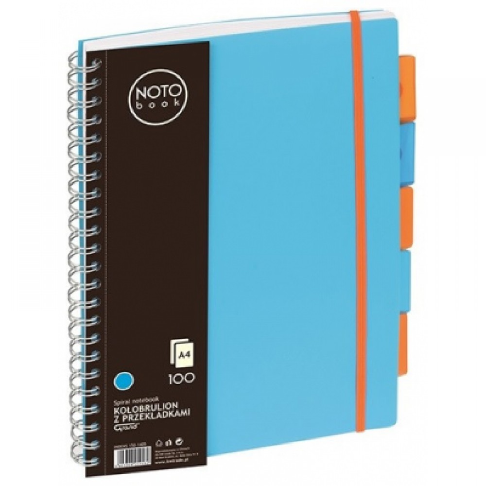 Bloknotas NOTOBOOK, A4, 100 lapų, lang., 80gsm, plast.viršelis, su spirale, ir skirtukais  mėlynos sp šone
