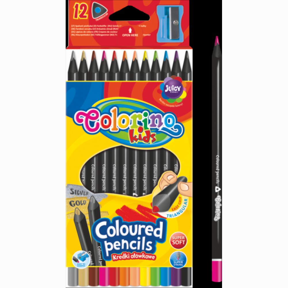 Spalvoti trikampiai pieštukai Colorino Kids, 12 spalvų (auksinė, sidab