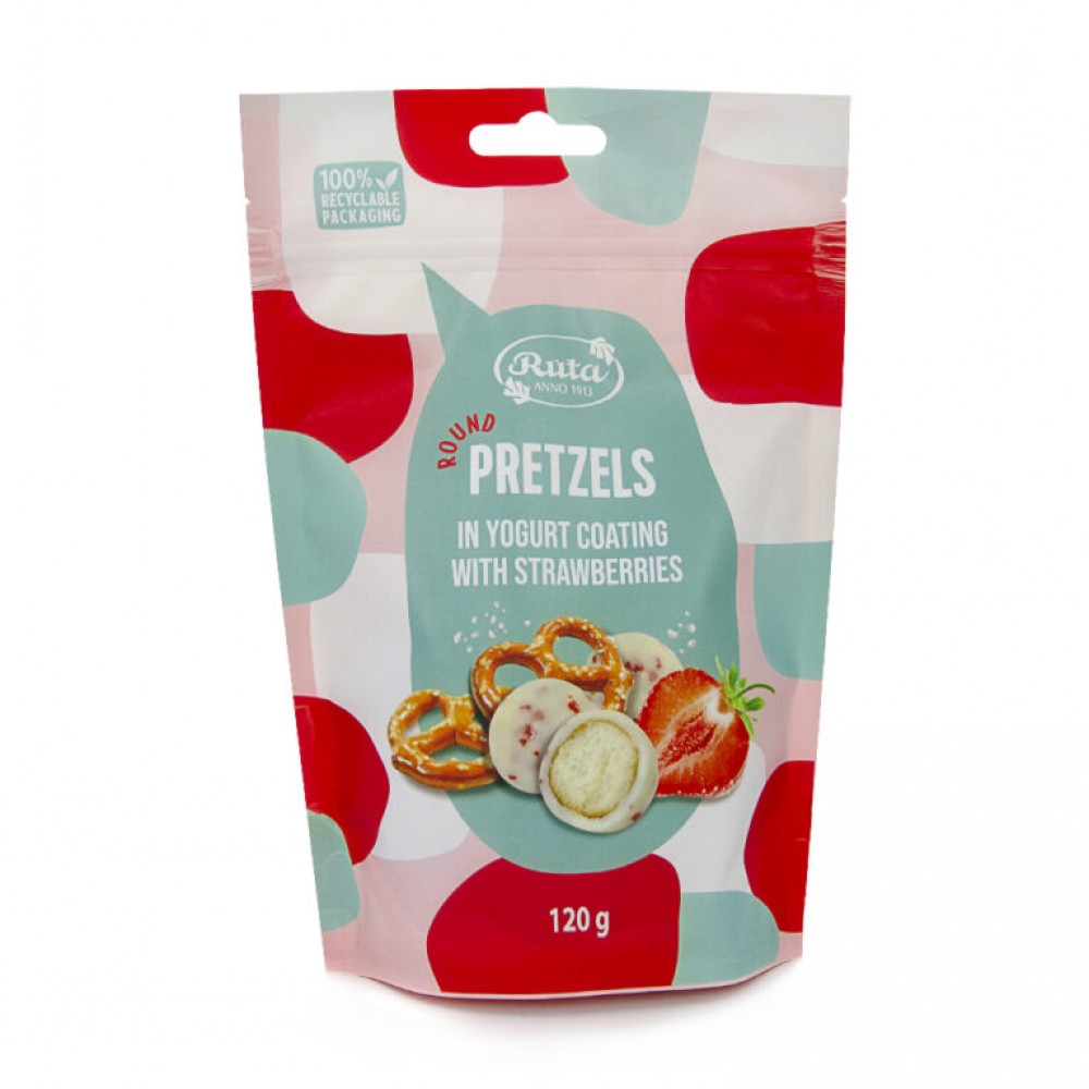Rutuliukai Pretzels su jogurtiniu glaistu ir braškėmis, 120 g