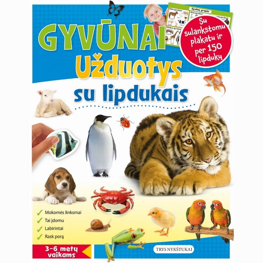 Gyvūnai. Užduotys su lipdukais 3-6 metų vaikams