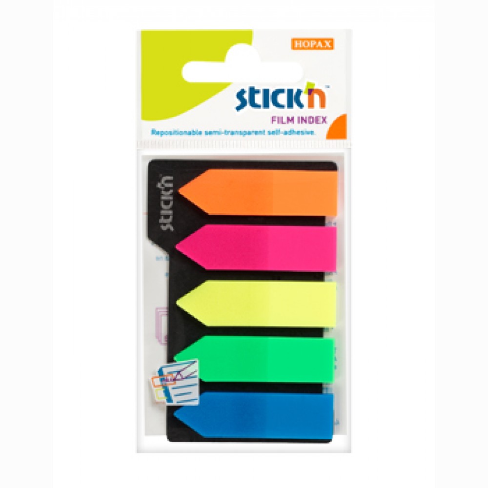 Plastikiniai žymekliai Stick“N 21143, 42x12mm, strėlytės formos, 5 sp. po 25vnt.,blisteryje