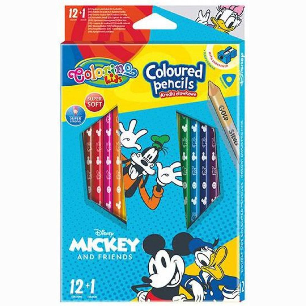 Spalvoti pieštukai Disney Mickey and Friends, trikampiai, 12 +1 spalvos, su drožtuku