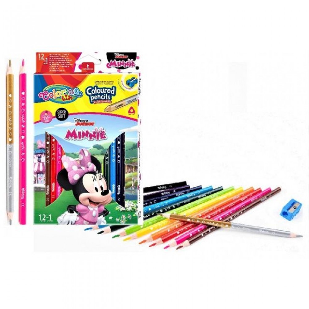 Spalvoti pieštukai Disney Junior Minnie, trikampiai, 12 +1 spalvos, su drožtuku