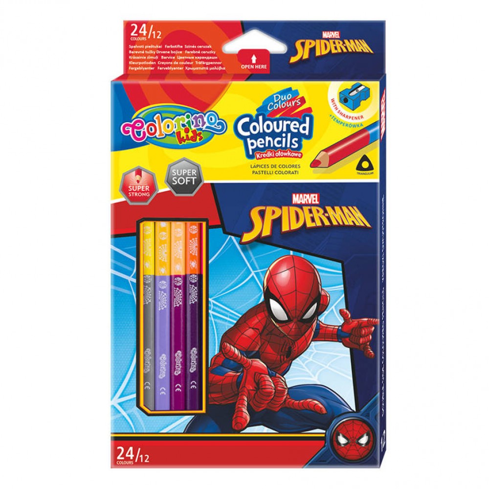 Spalvoti pieštukai Spider-Man, dvipusiai 12=24 spalvų, su drožtuku