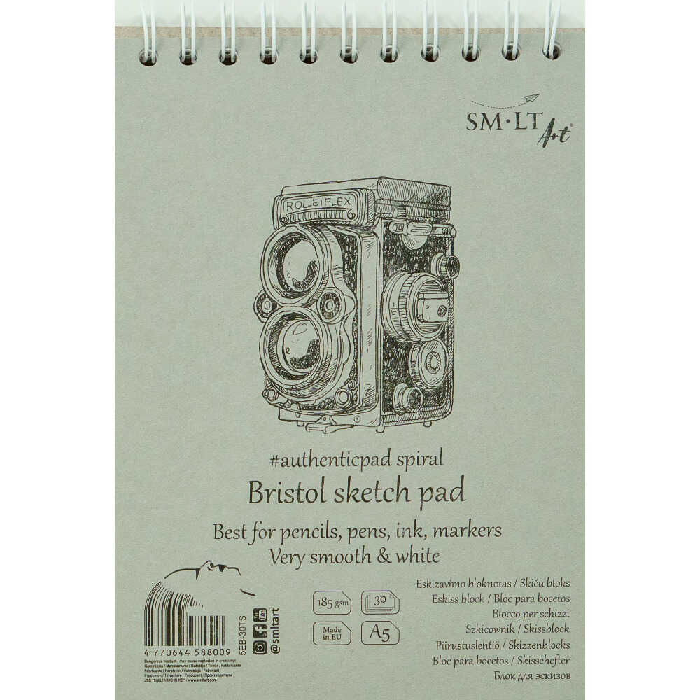 Bristol bloknotas eskizams Authentic SMLT Art. A5, 30 lapų (185gsm), itin balti ir lygūs, su kieta n