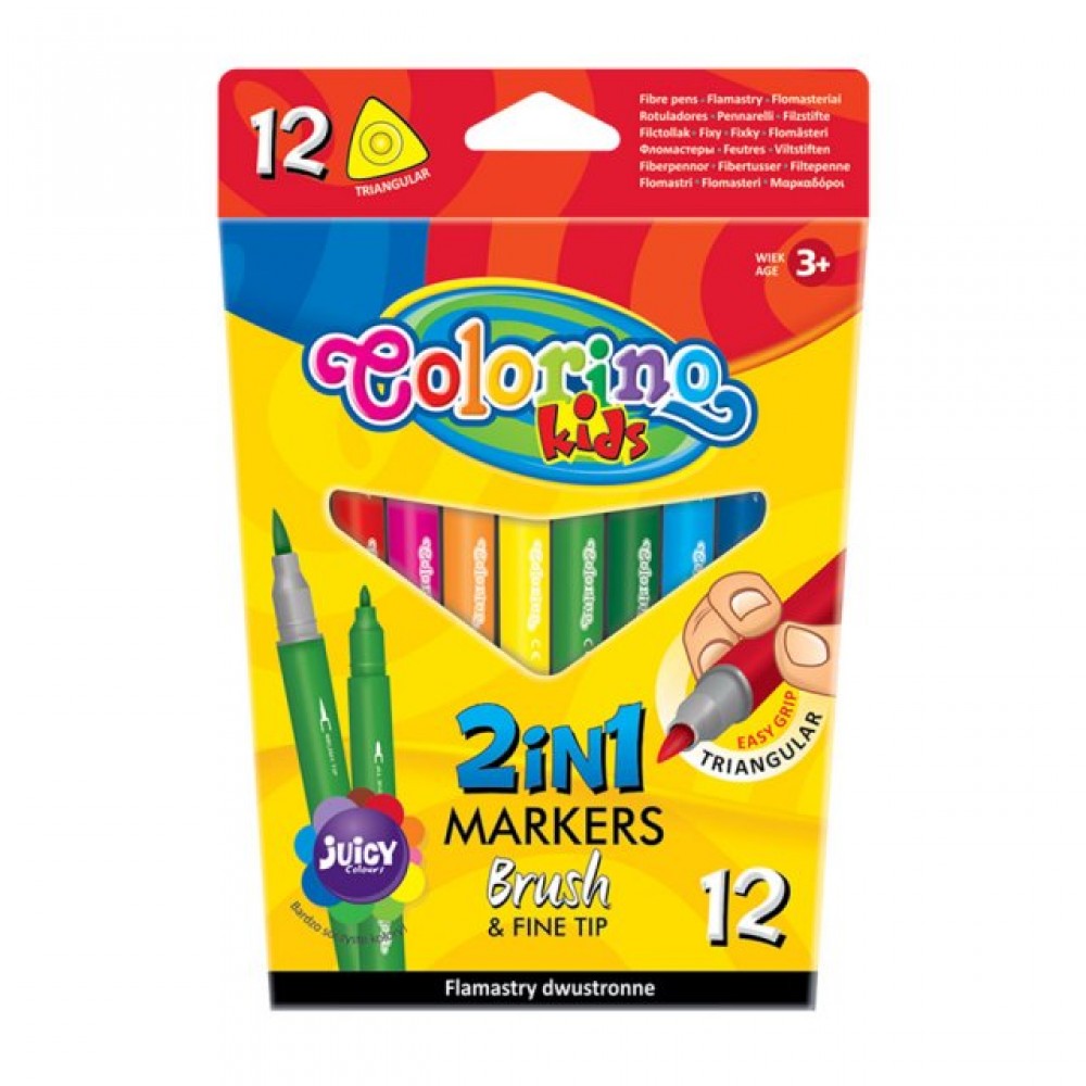 Flomasteriai Colorino Kids 2in1, dvipusiai, tribriauniai, 12 spalvų