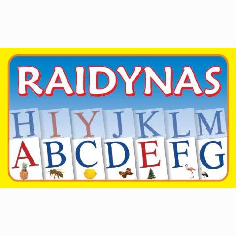 Raidynas. Rinkinį sudaro:dėžutė, 70 raidžių su iliustracijomis kortelės 