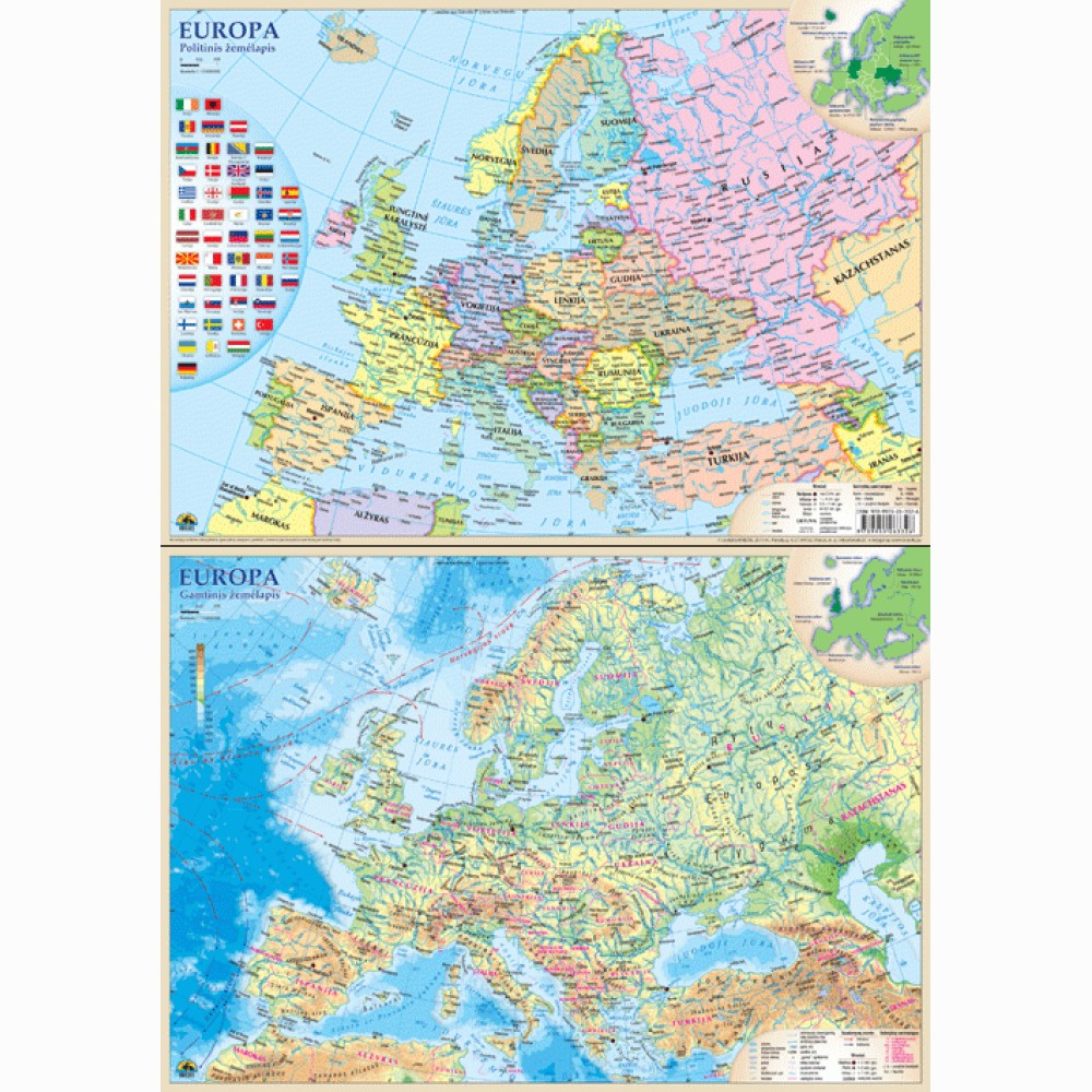 Europos politinis ir gamtinis žemėlapis (dvipusis). 42x29,7 cm (A3), laminuotas